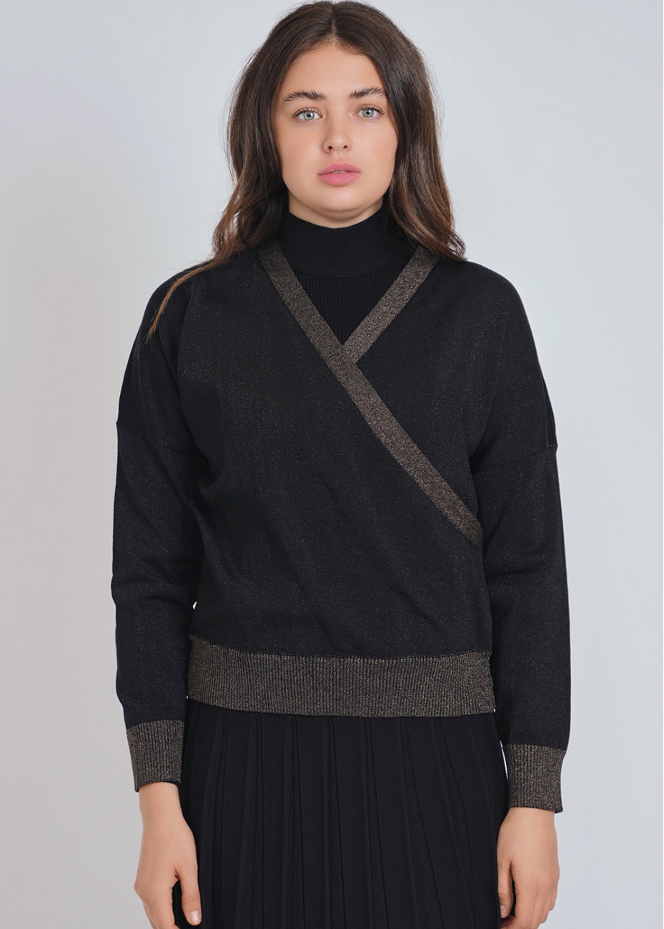 Black V-Neck Sweater with Brown Edges | Modest Women Clothing - YAL New ...